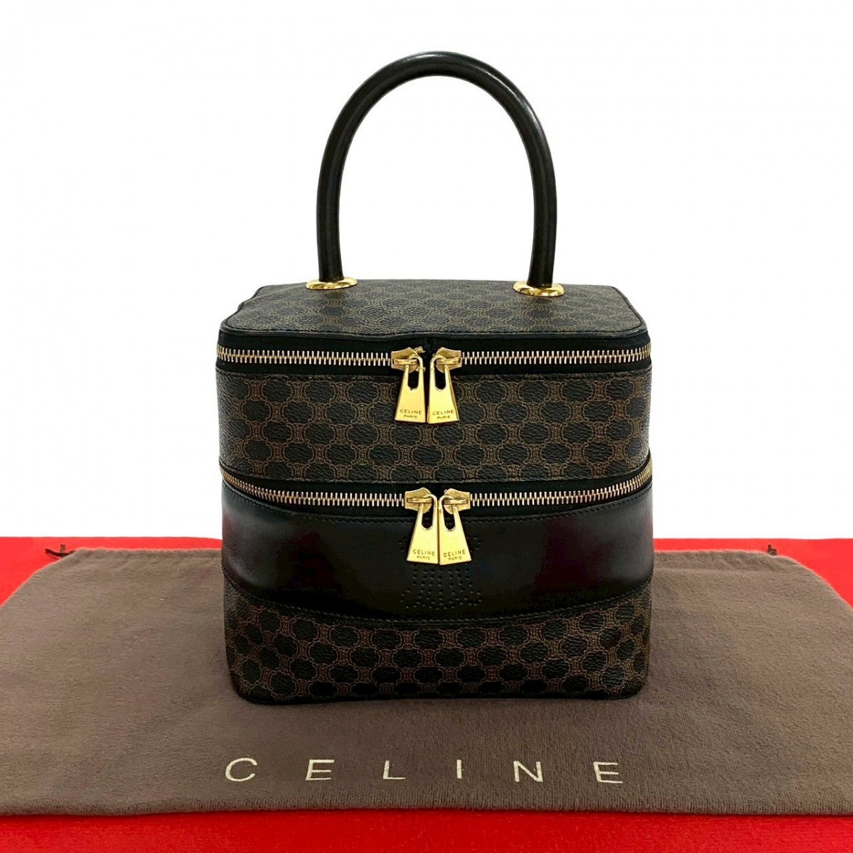 CELINE Handbag Leather, PVC black Macadam Blason Triomphe Pattern Women