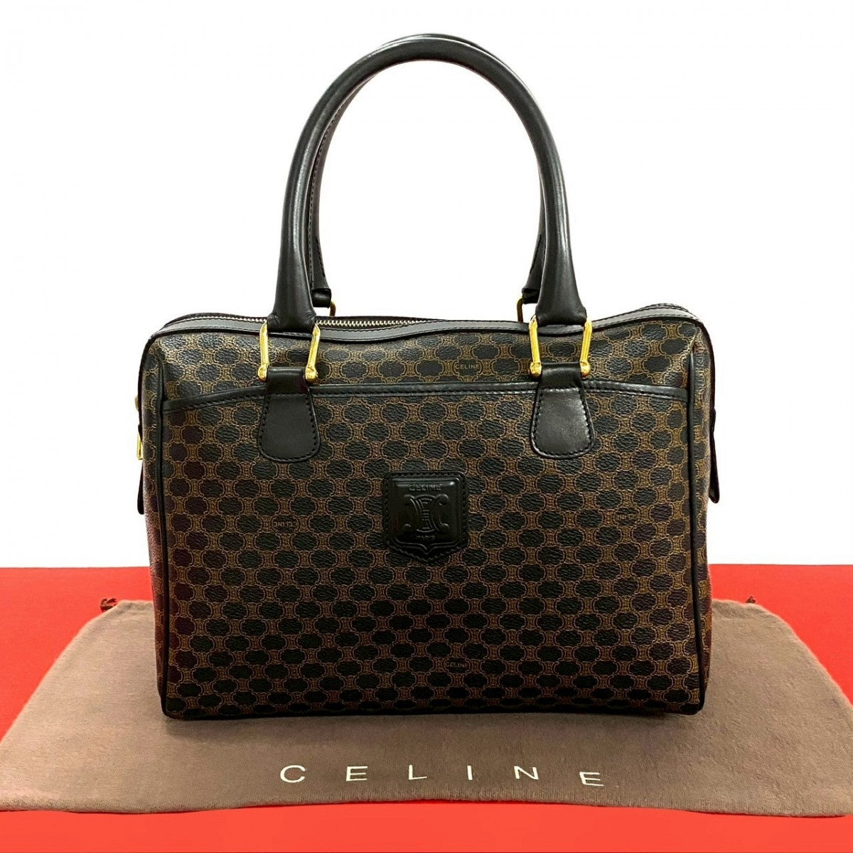 CELINE Handbag Leather, PVC black Macadam Blason Triomphe Pattern Women