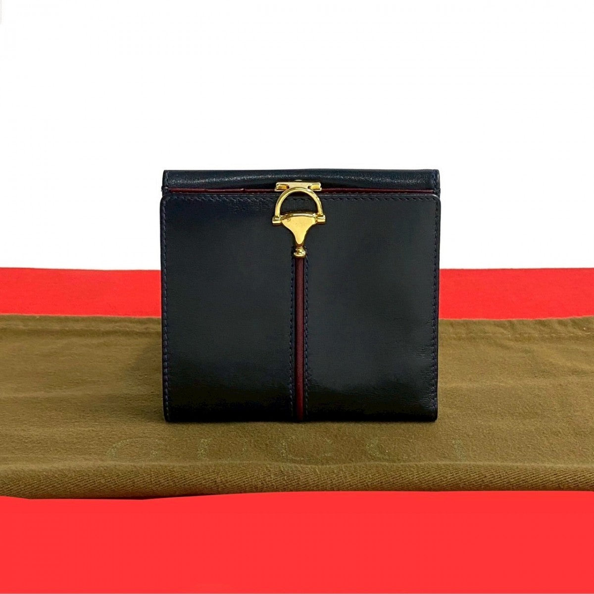 GUCCI Bifold Wallet leather Navy Horsebit Metal Women