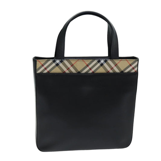 Luxury Burberry Nova Check Hand Bag Leather Canvas Black Beige Auth 81655