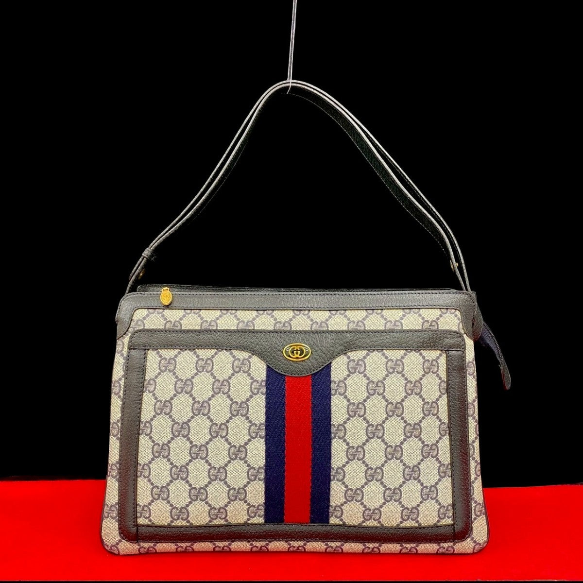 GUCCI Shoulder Bag Leather, PVC Navy GG logo Metal Sherry line Women