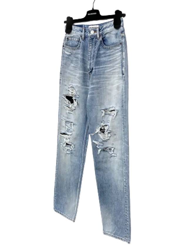 Luxury Balenciaga Trending 2026 Women's Distressed Denim Straight Jeans Vintage Blue