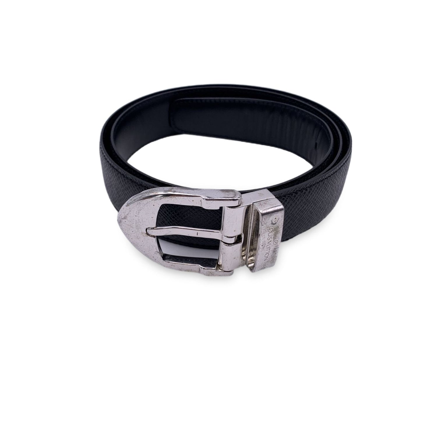 LOUIS VUITTON Black Taiga Classic Belt Silver Metal Buckle Size 85/34