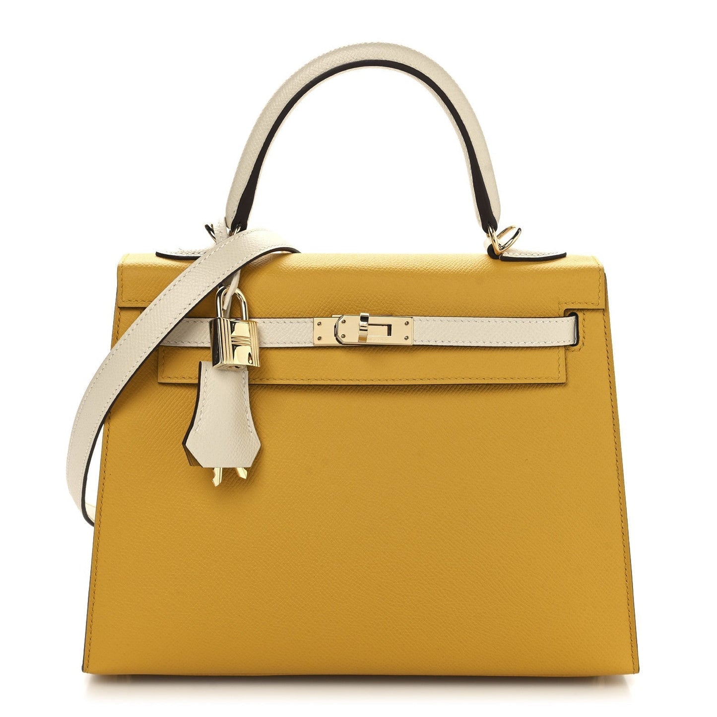 Hermes Epsom Bi-Color Horseshoe Kelly Sellier 25 Jaune Ambre Craie
