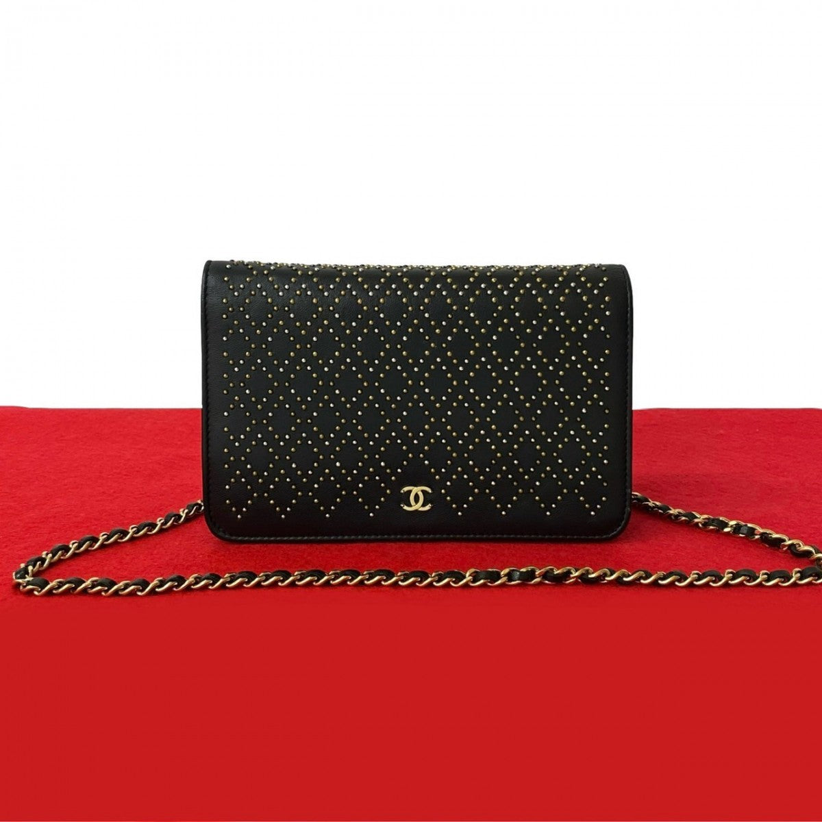 CHANEL Long Wallet Purse leather black Studded Grid Chain Wallet