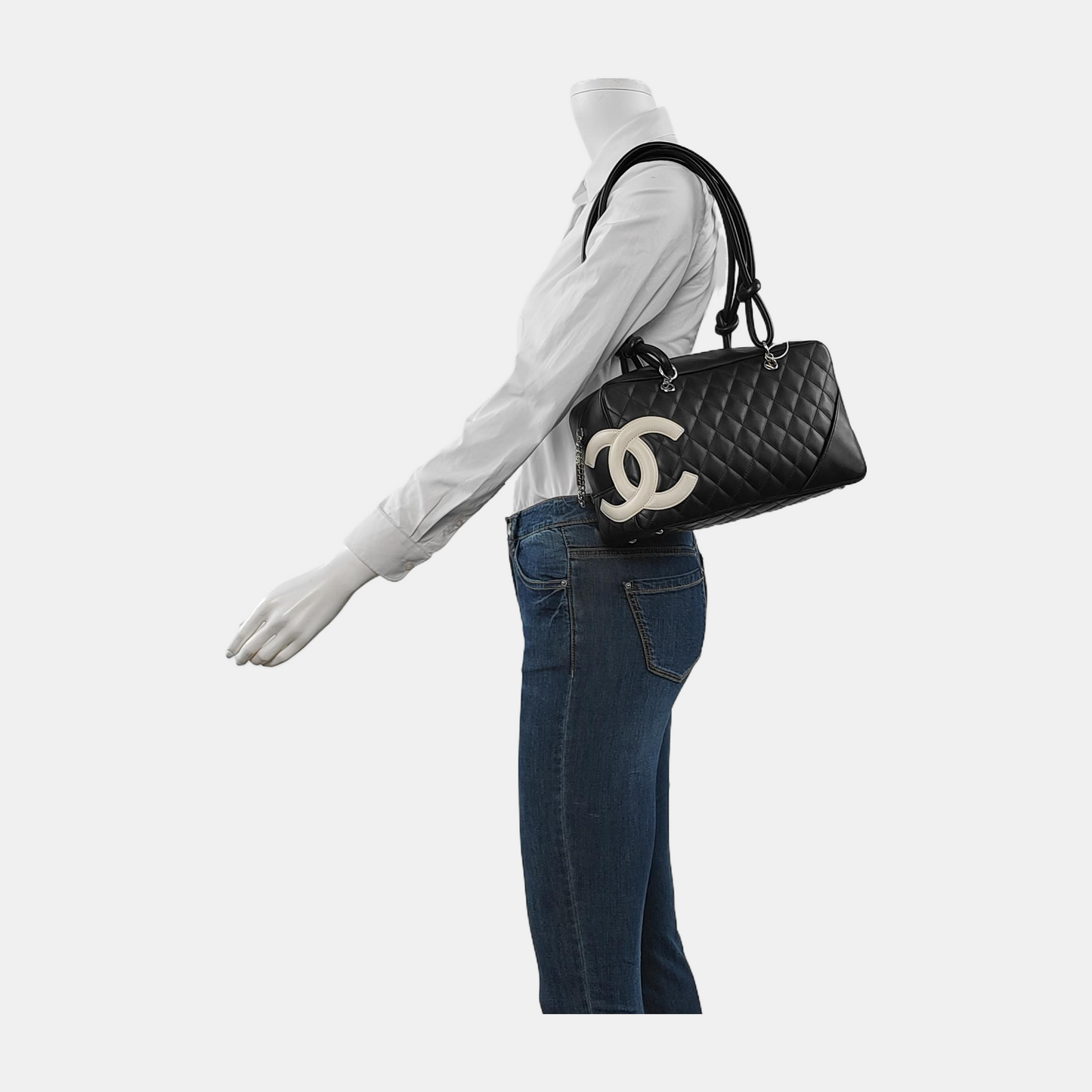 Chanel Cambon Medium Shoulder Bag Black Calfskin Leather Double Strap