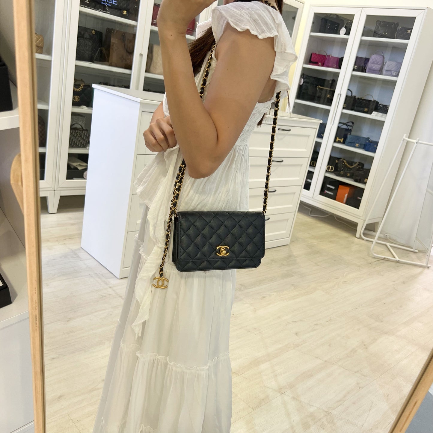 Chanel 23B Adjustable Chain Wallet On Chain WOC in Iridescent Black Caviar and AGHW (AP3479) Crossbody