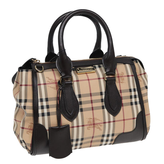 Luxury Burberry Nova Check Hand Bag PVC Leather Beige Auth 83146