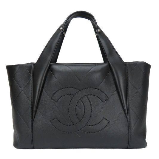 CHANEL Tote Bag leather black V-shaped stitch Women