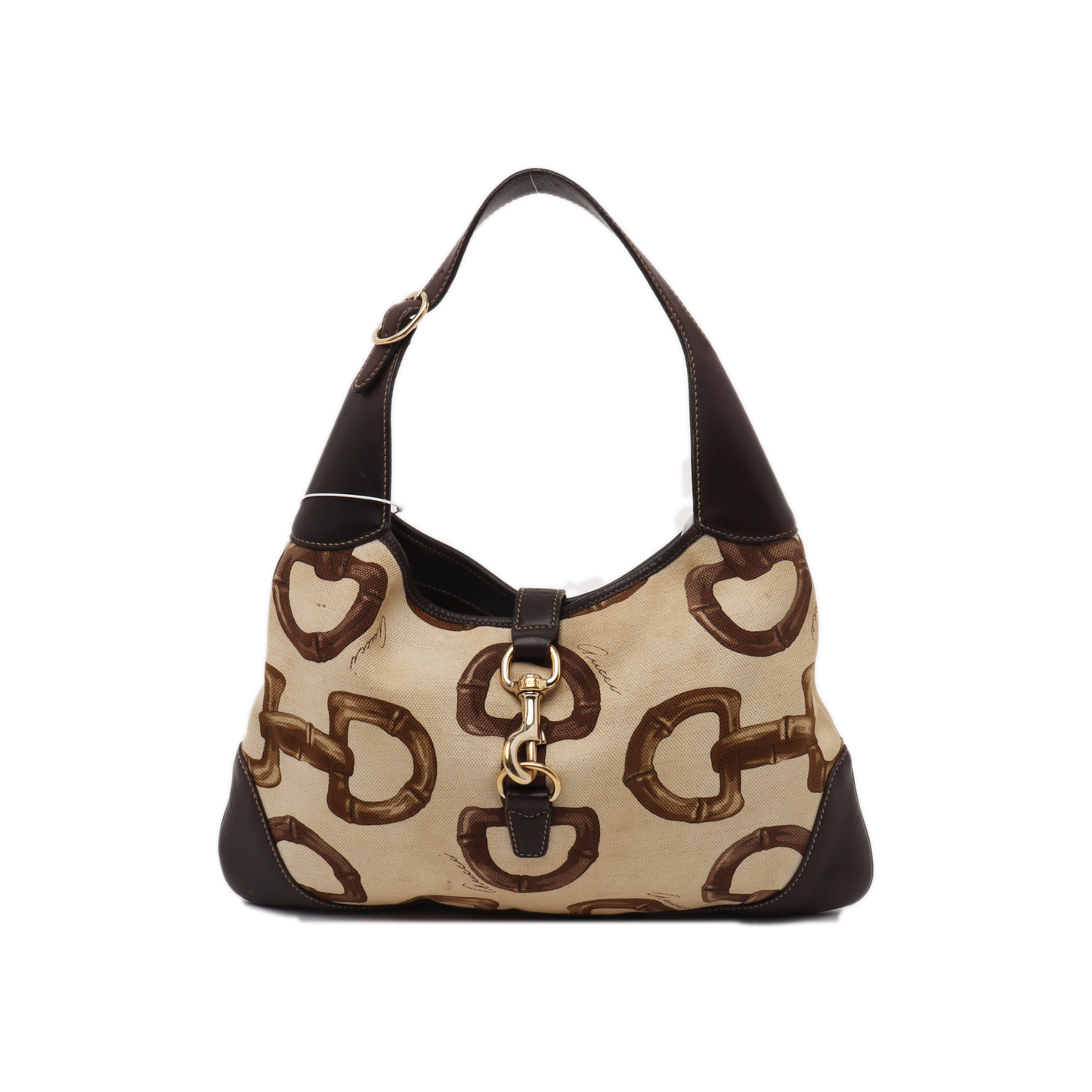 Gucci Jackie Vintage Medium Horsebit Print Cloth and Brown Leather Gold Hardware