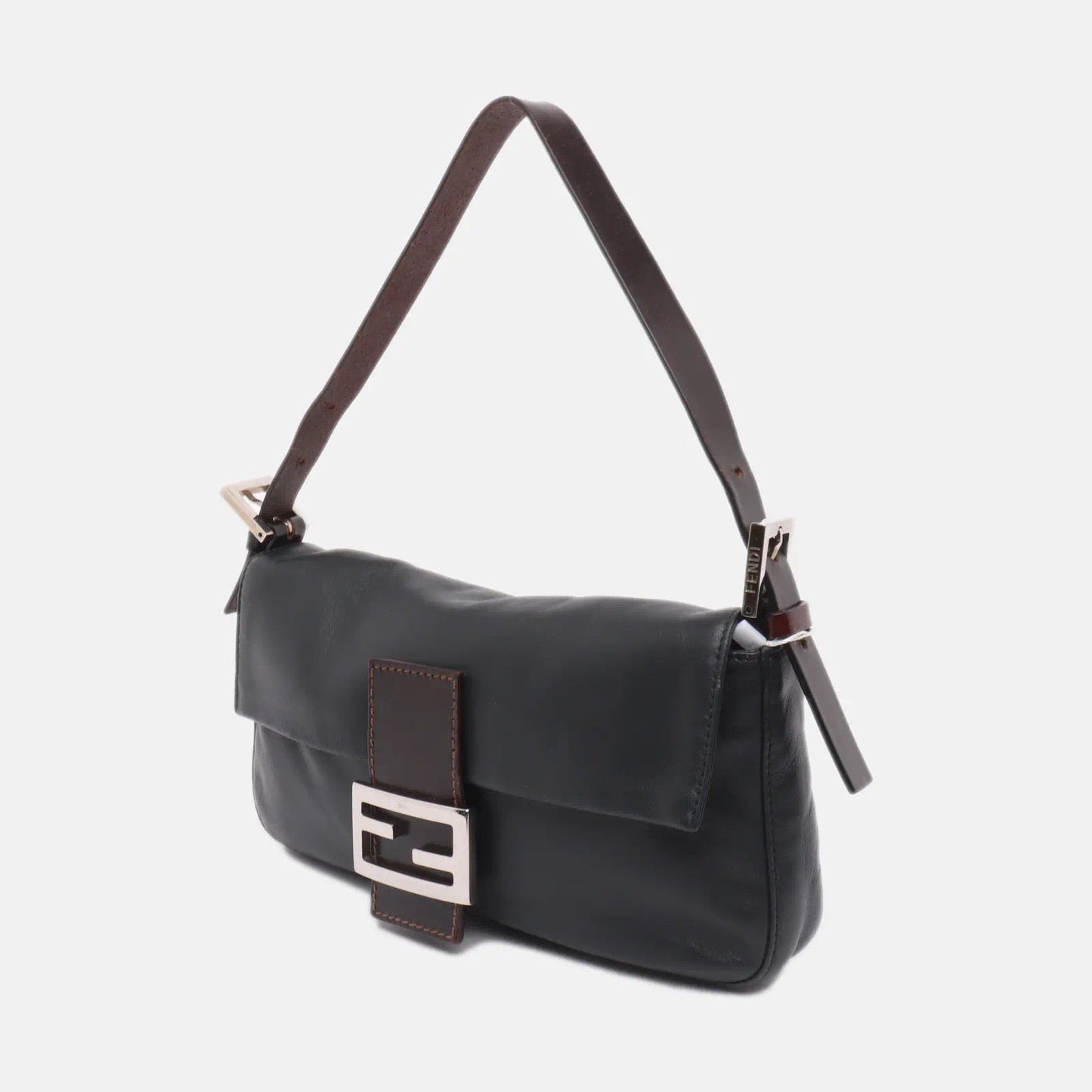 FENDI Baguette Black Lambskin Leather Shoulder Bag Silver Hardware