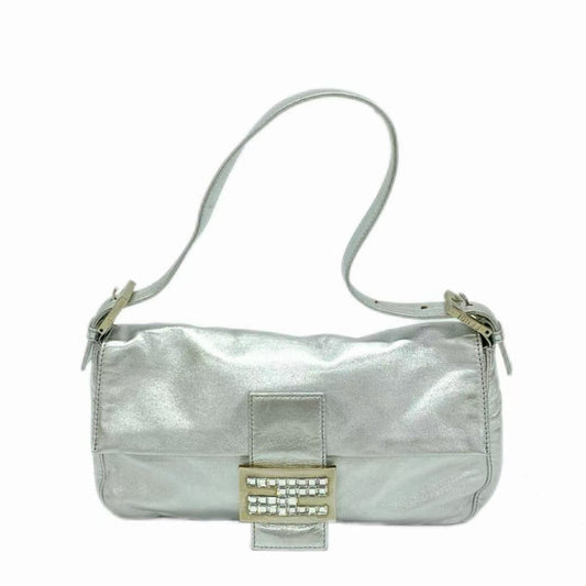 FENDI Baguette Silver Lambskin Leather Crystal Buckle Shoulder Bag