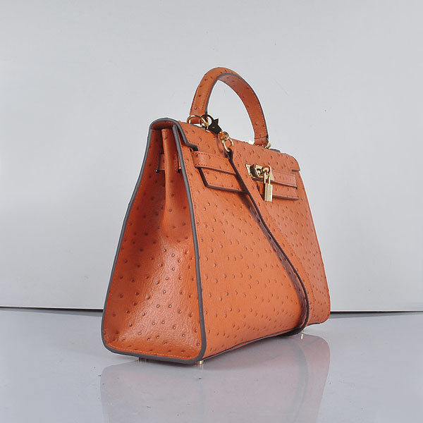 Luxury Hermes Kelly 32cm Ostrich Vein 6108 Orange Golden