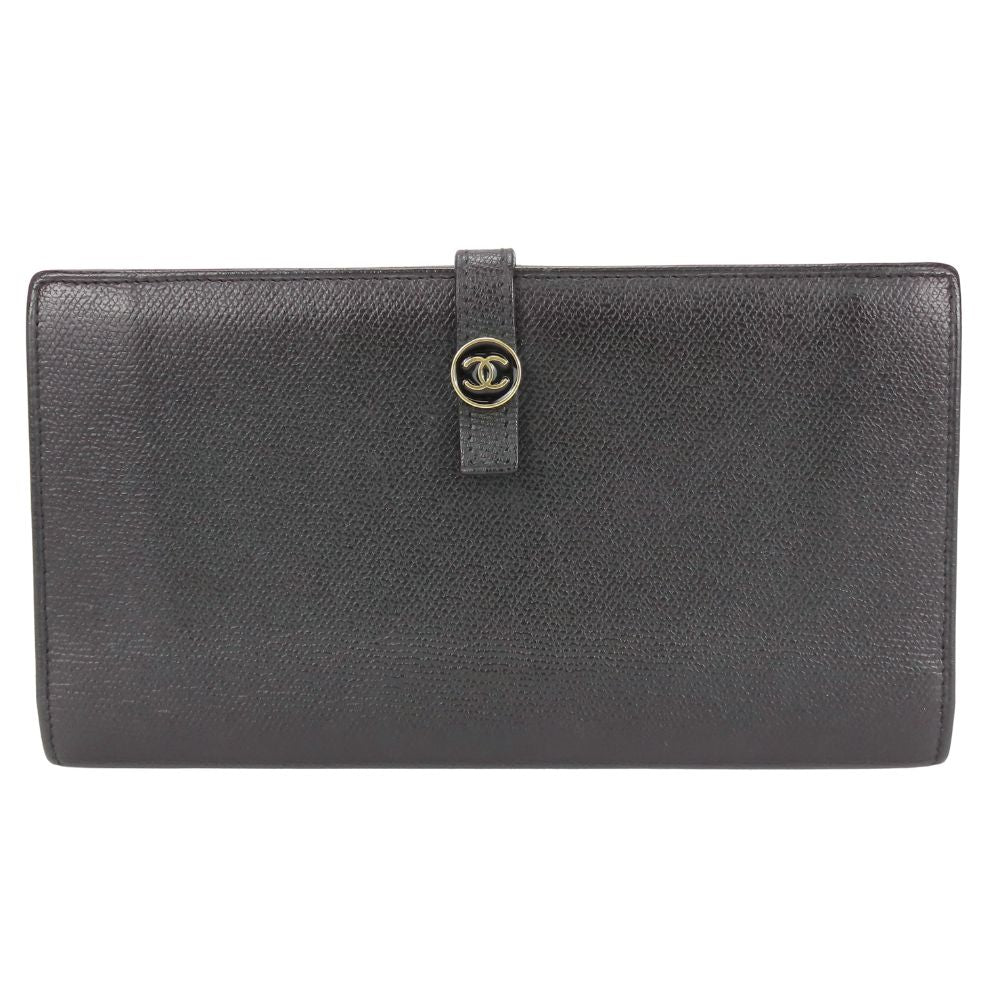 CHANEL Long Wallet Purse leather black COCO Button