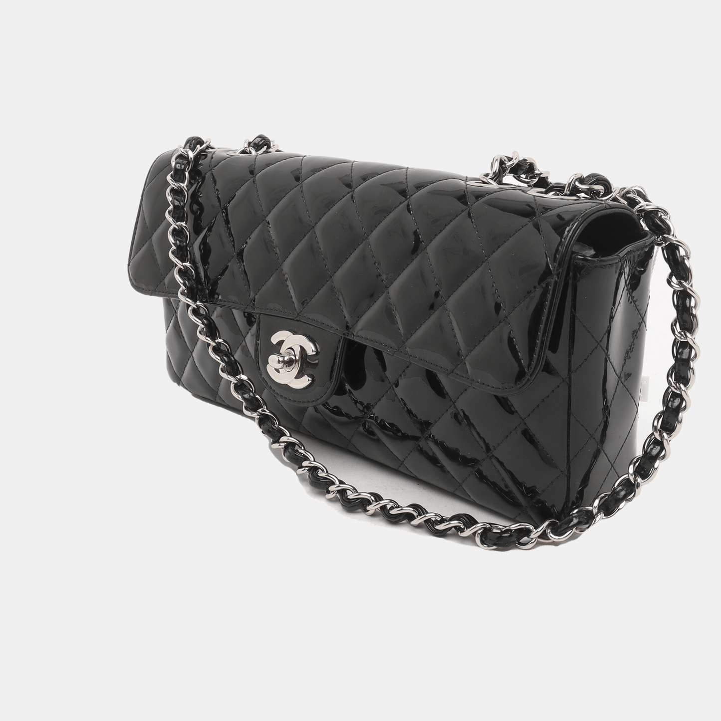 Chanel Baguette Flap Shoulder Bag Black Patent Leather Silver Double Chain