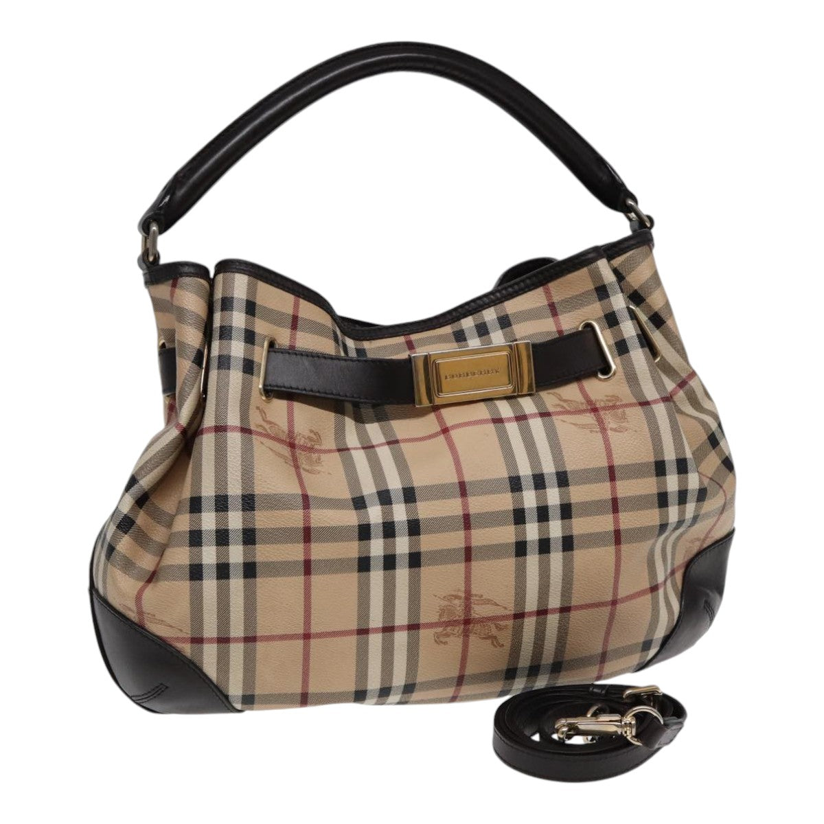 Luxury Burberry Nova Check Hand Bag PVC Leather 2way Beige Brown gold Auth 85543