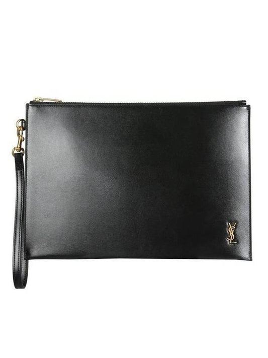 Luxury Saint Laurent Trending 2025 Tiny Cassandre Shiny Leather Zip Tablet Clutch Bag Black