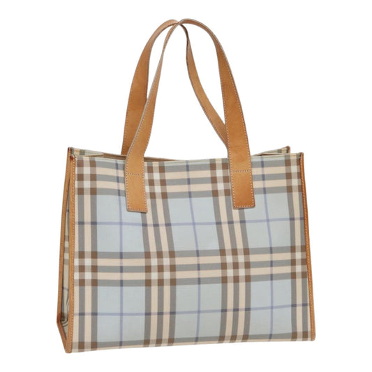 Luxury Burberry Nova Check Tote Bag PVC Leather Light Blue Brown Auth 85709