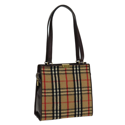 Luxury BurberrySs Nova Check Shoulder Bag Wool Beige Gold Auth 85746