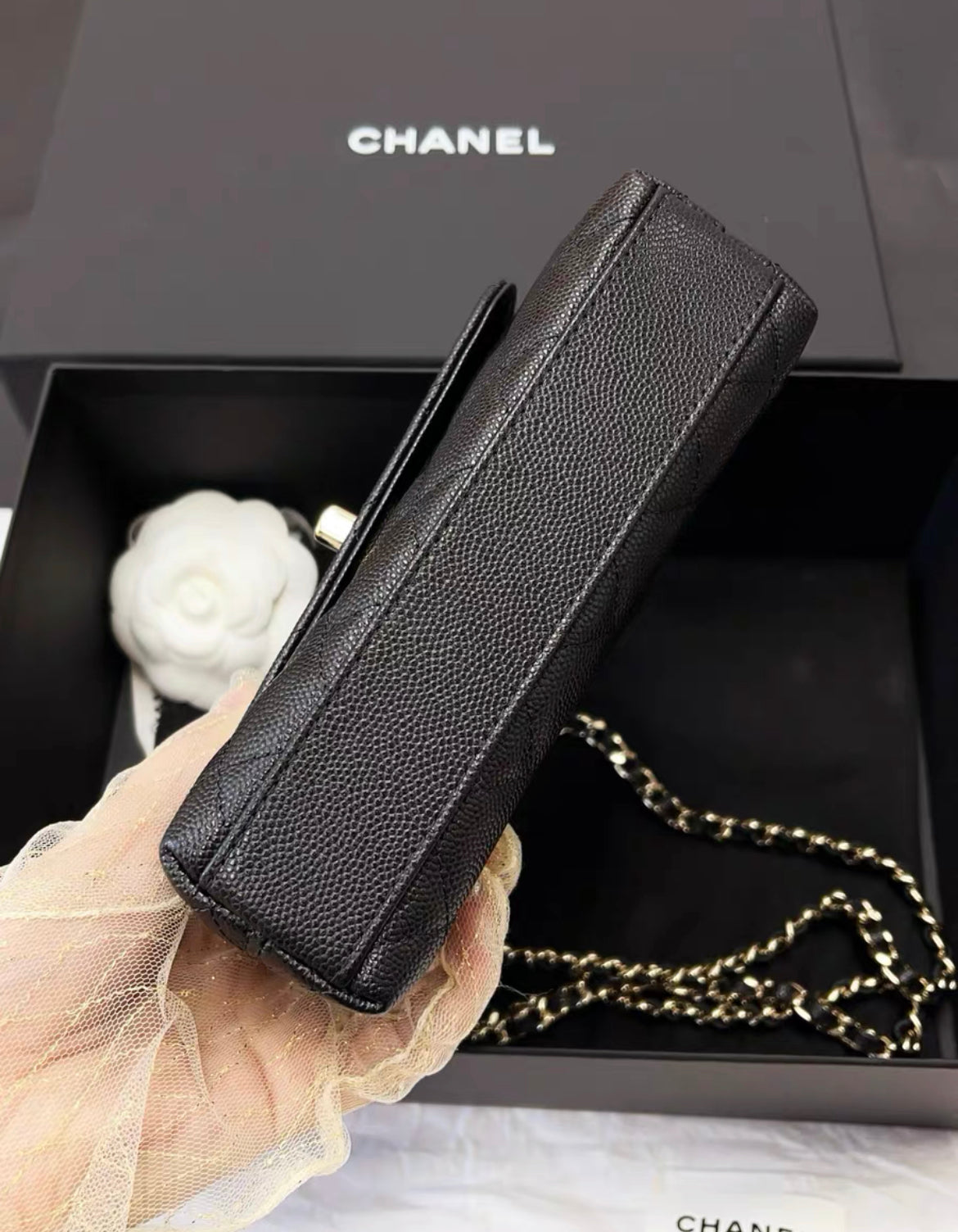 Chanel 24K Nano Coco Top Handle Flap Bag Black Caviar Light Gold Hardware