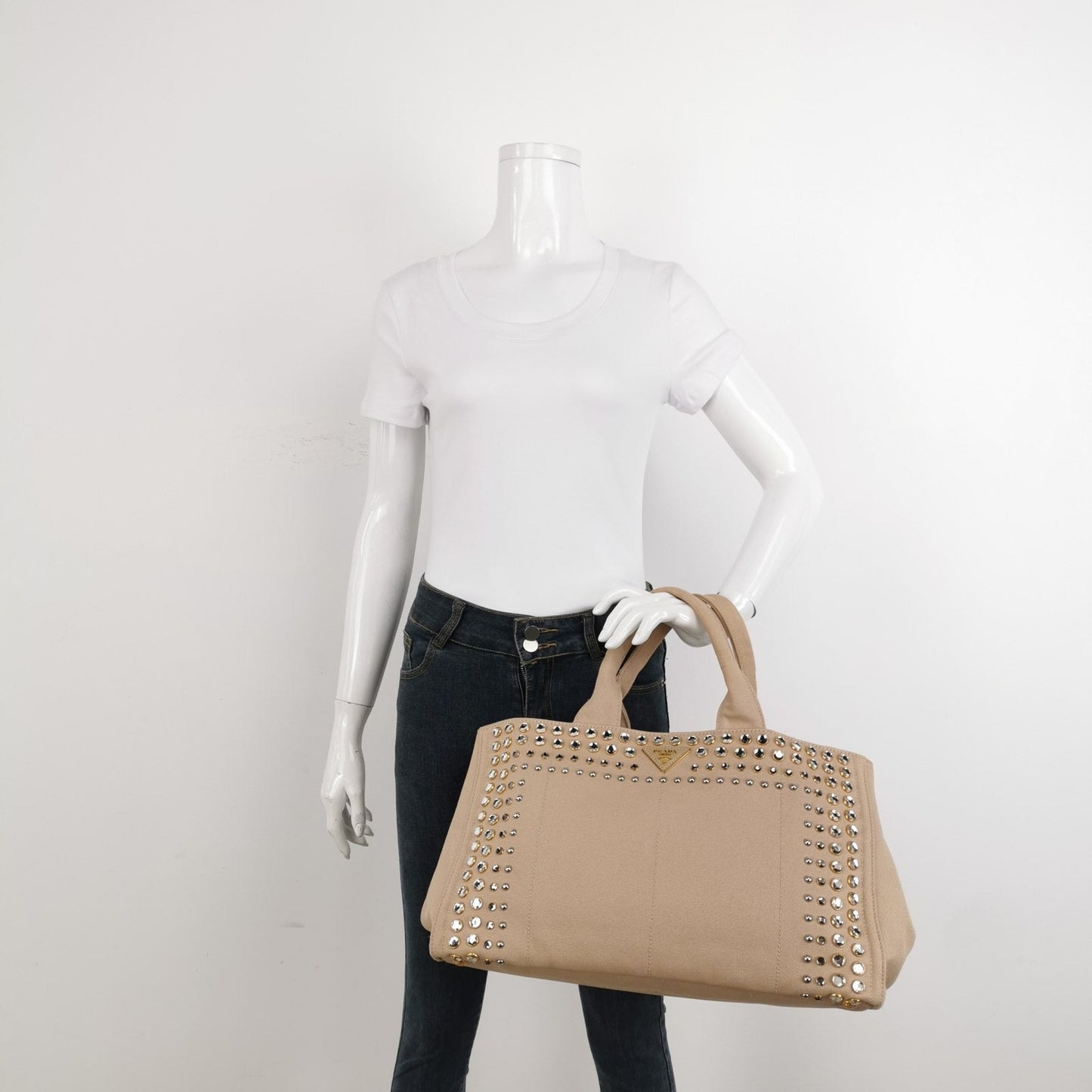 Prada Canape Canvas Tote Beige Top Handle Bag with Jewels