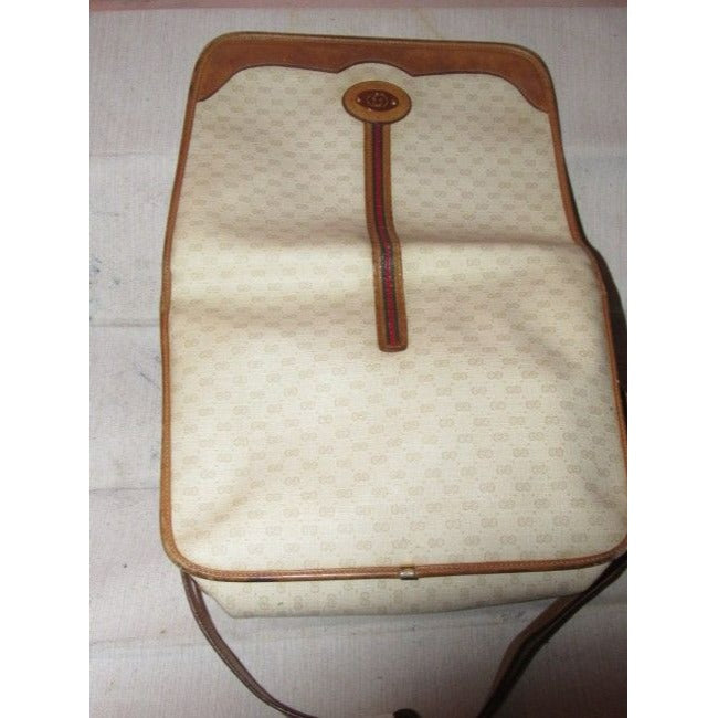 Gucci Vintage Purses Beige With Camel Small G Logo And Red Green Stripe Leather Coated