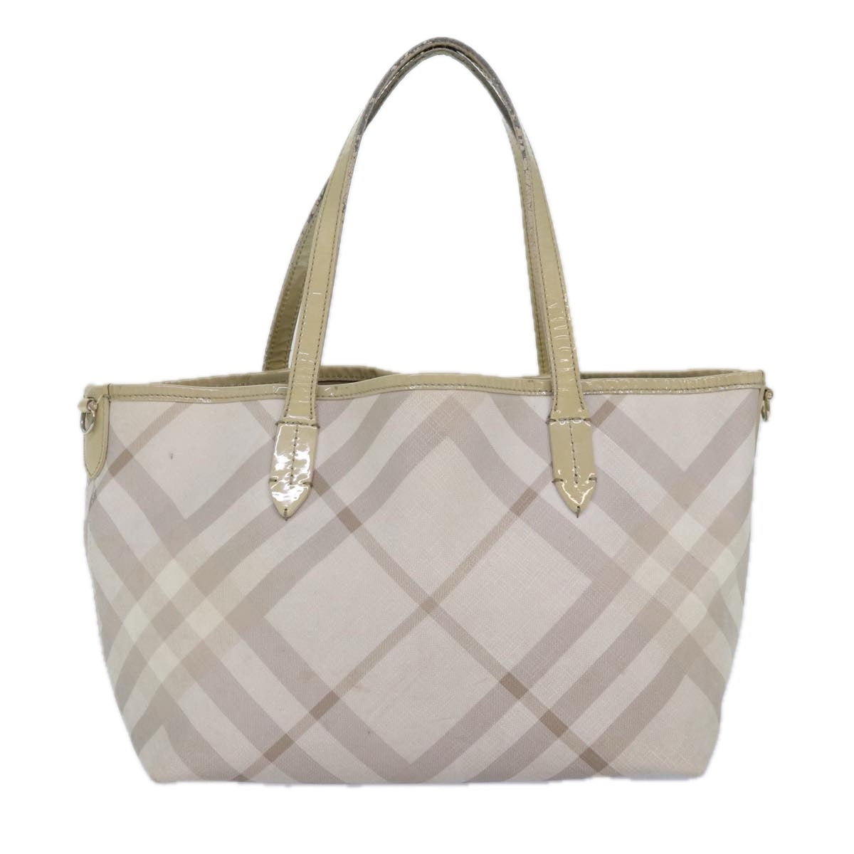 Luxury Burberry Nova Check Tote Bag PVC White Silver Auth 87223