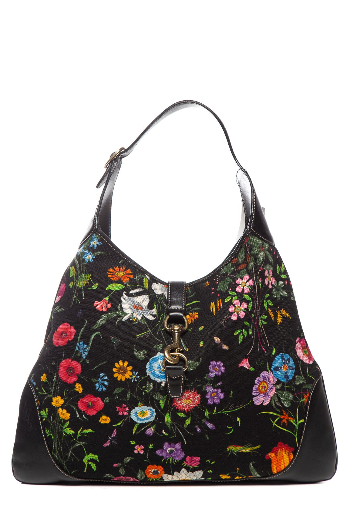 Gucci Black Multi Flora Jackie Bouvier Canvas Hobo Bag