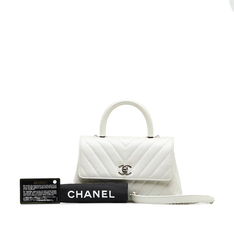 Chanel Chevron V tick Coco Handle HandBag Shoulder Bag 2WAY White Caviar S  Chanel