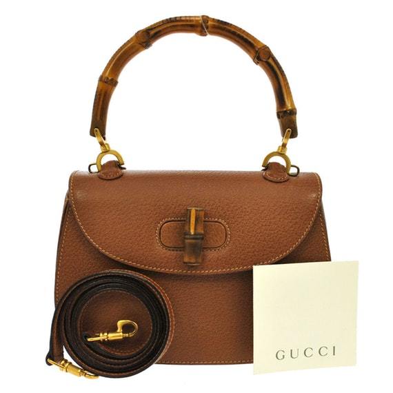 Gucci Logos 2way Bamboo Handle Hand Bag Brown Leather