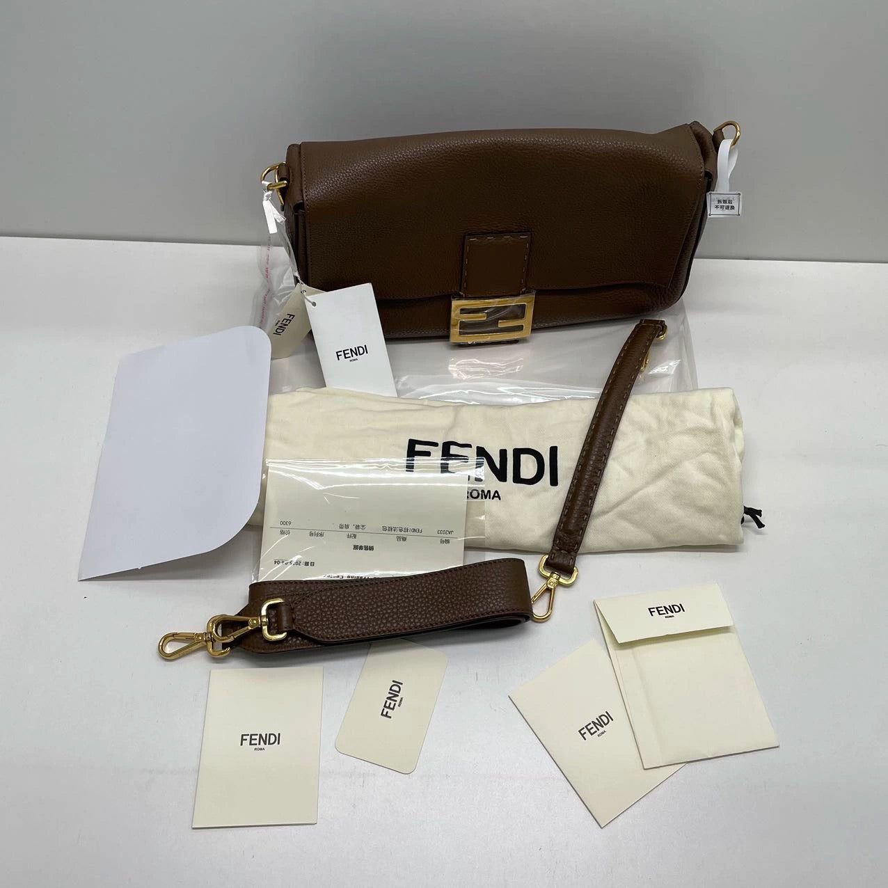 Fendi Baguette Selleria Calfskin Leather Crossbody Bag Large Brown