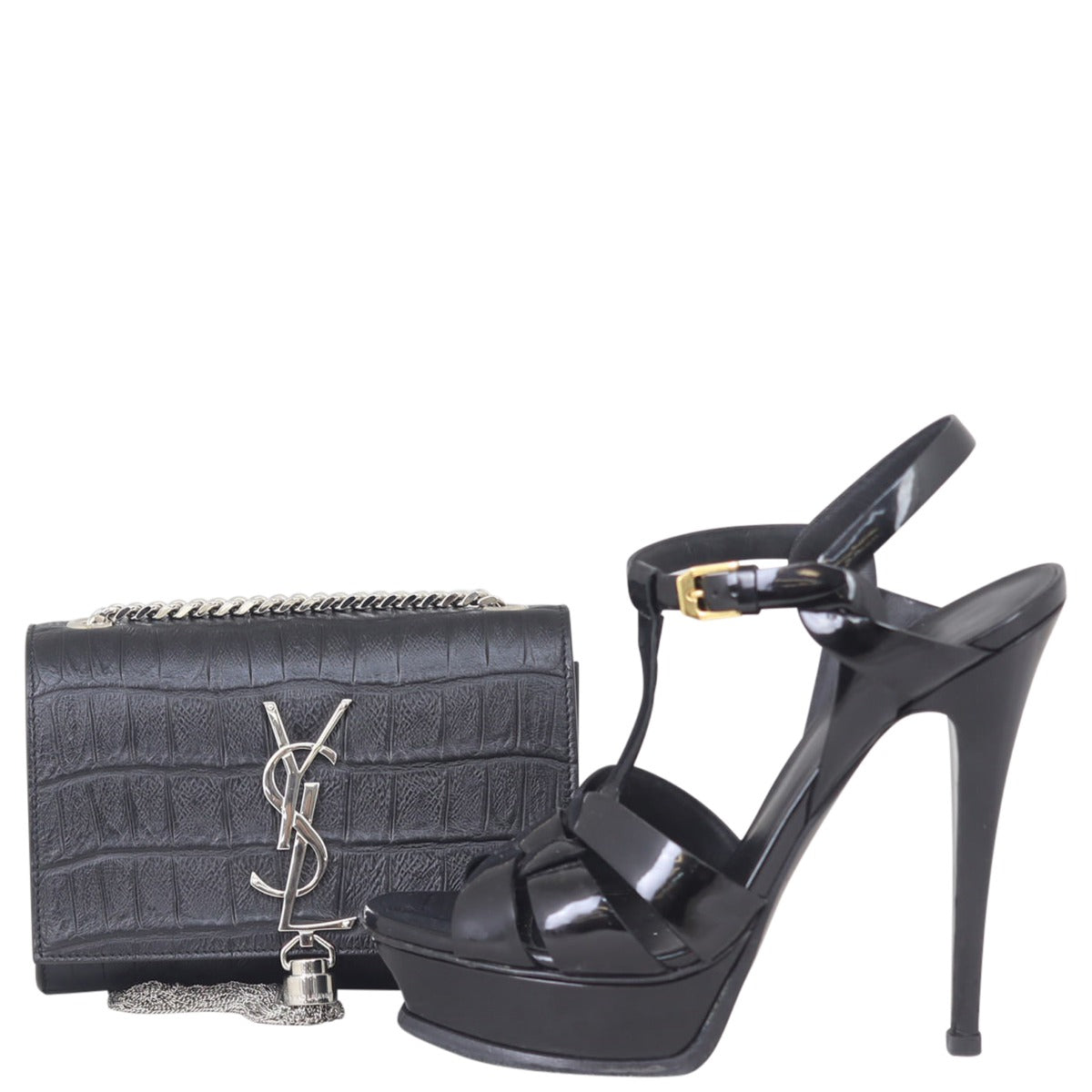 Saint Laurent Kate Tassel Chain Bag Original Small Croc-Embossed