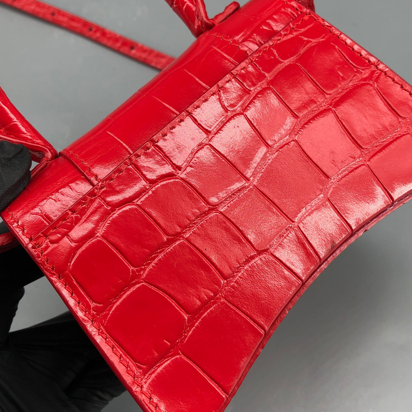 Balenciaga Red Croc Embossed Nano Hourglass Top Handle Bag