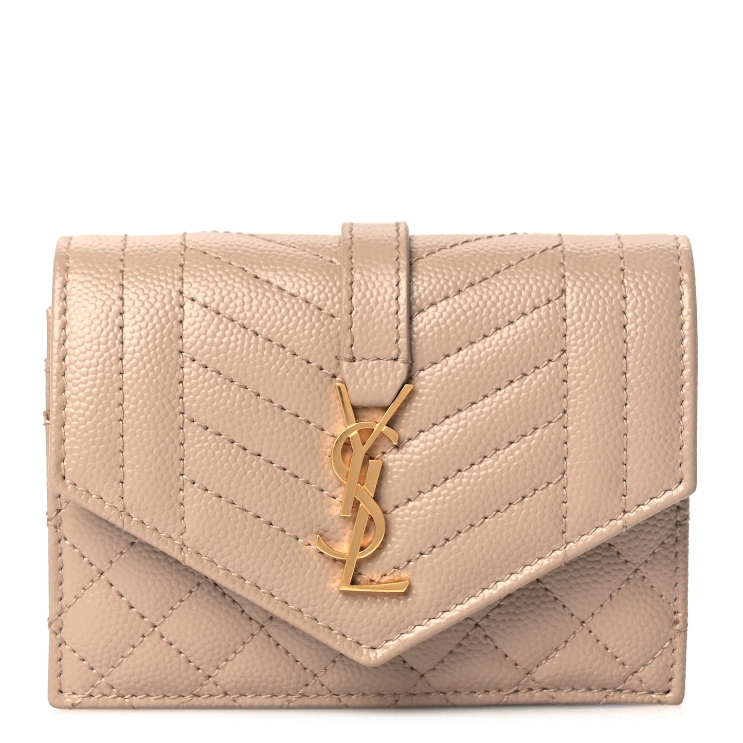 Saint Laurent Grain De Poudre Mixed Matelasse Triquilt Monogram Compact Tri Fold Wallet Dark Beige