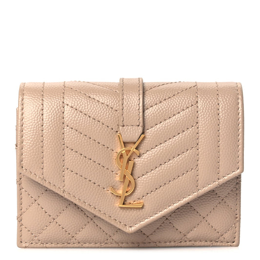 Saint Laurent Grain De Poudre Mixed Matelasse Triquilt Monogram Compact Tri Fold Wallet Dark Beige