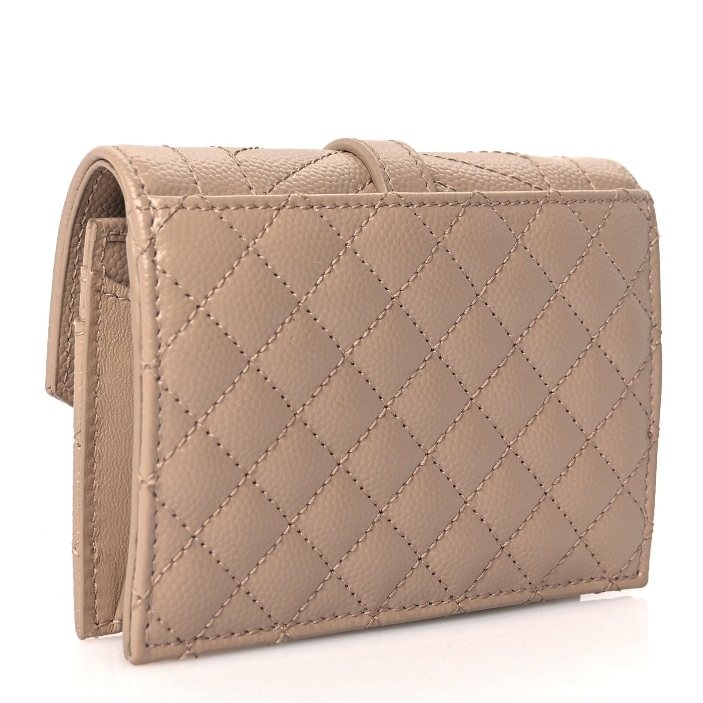 Saint Laurent Grain De Poudre Mixed Matelasse Triquilt Monogram Compact Tri Fold Wallet Dark Beige