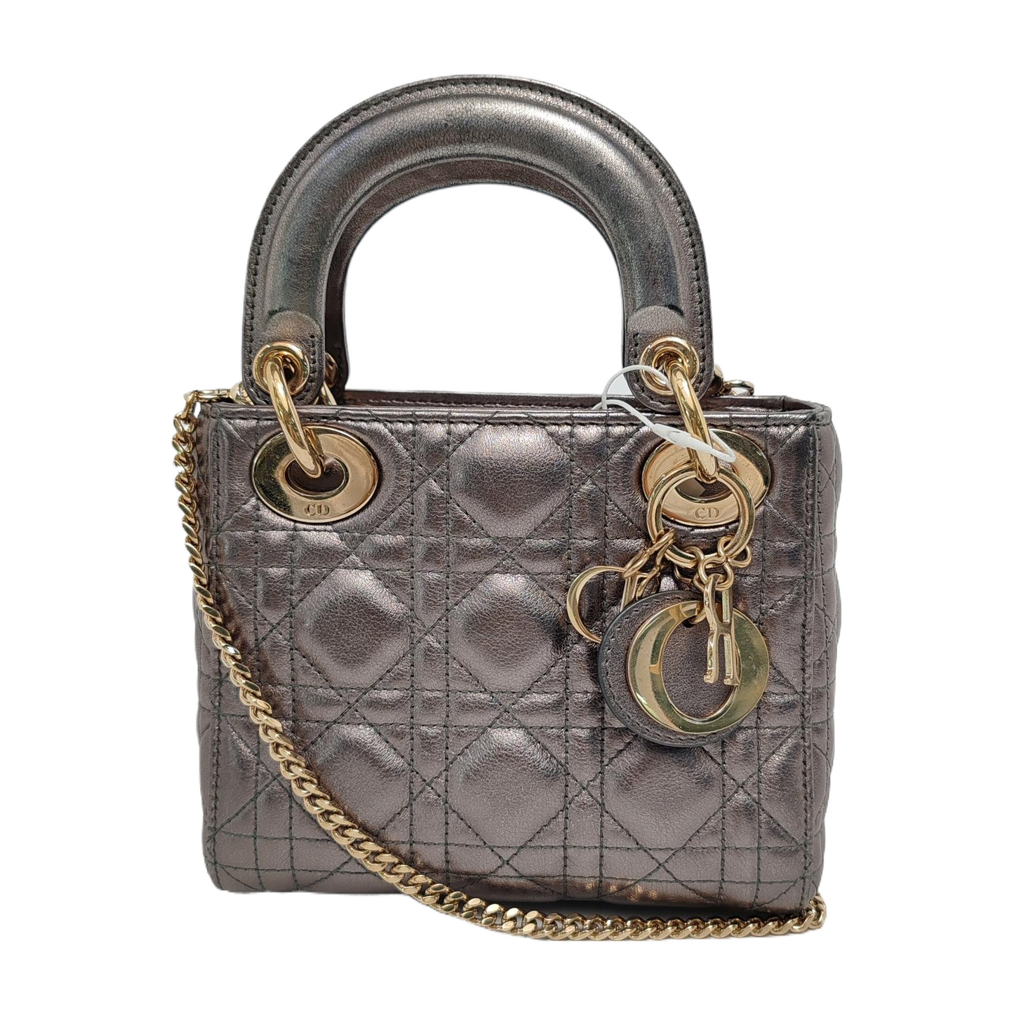 Lady Dior Mini Metallic Grey Cannage Lambskin Gold Hardware Chain Strap