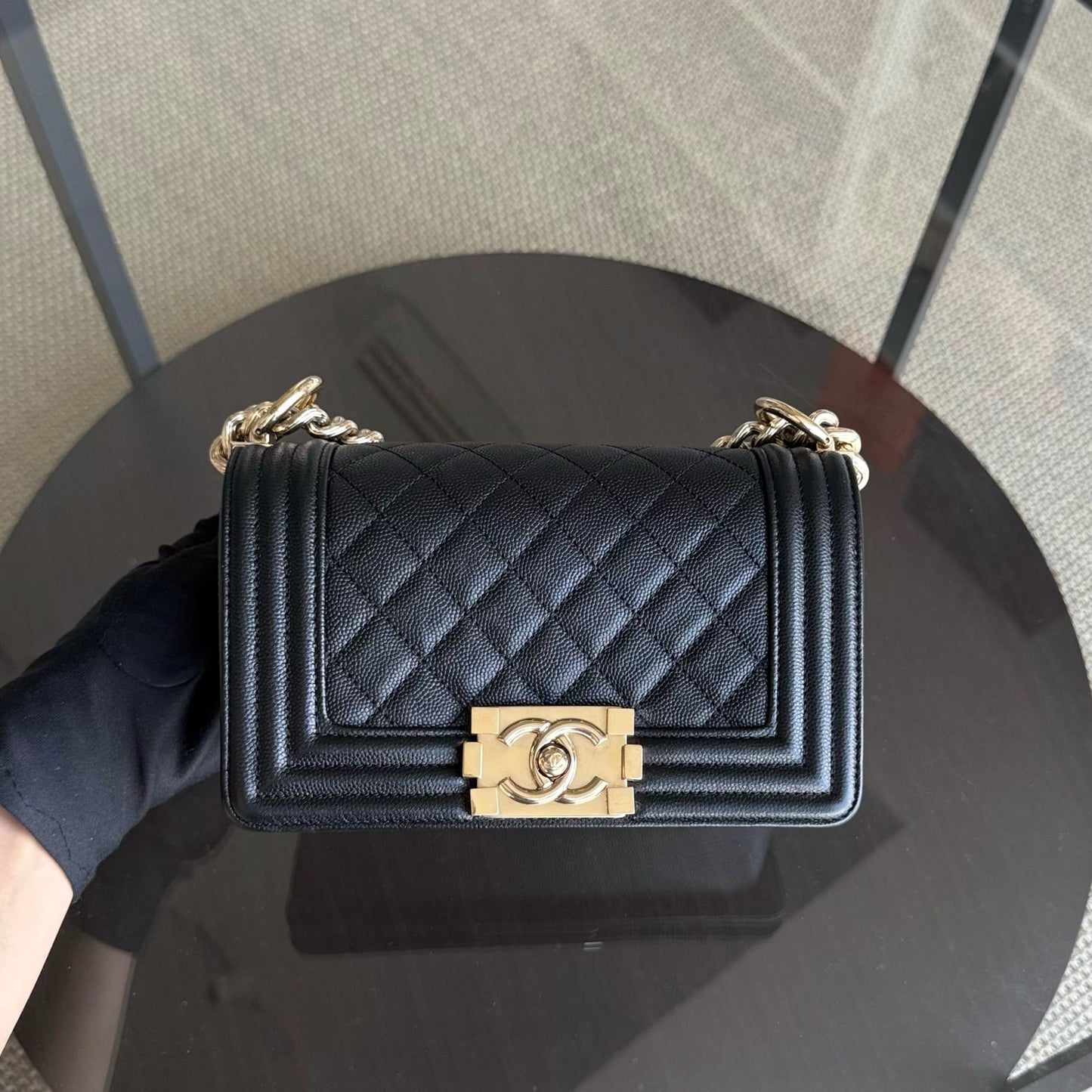 Chanel Boy Small - Caviar Quilted Grained Calfskin Black Gold Hardware Series 23