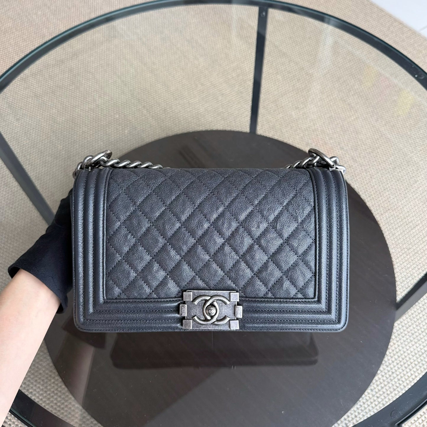 Chanel Boy Medium - Caviar 25CM Quilted Dark Grey Gray Ruthenium Silver Hardware Series 26