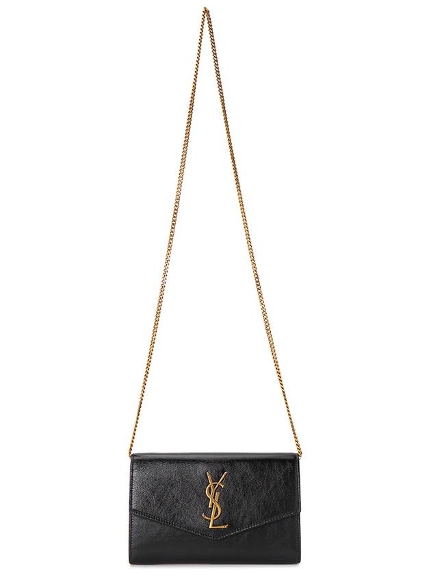 Luxury Saint Laurent Trending 2025 Uptown Shiny Grained Leather Chain Wallet Black