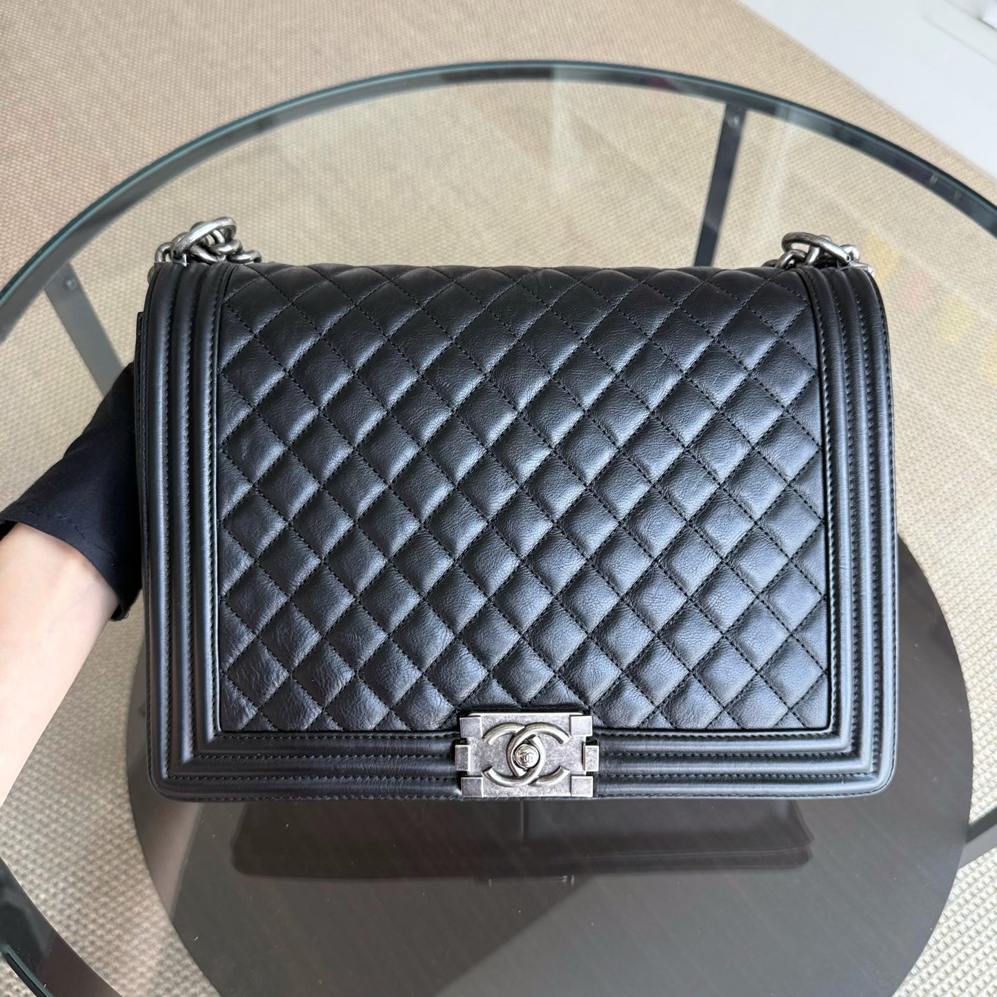 Chanel Boy Large - 30CM Quilted Grained Calfskin Black Silver Hardware Series 17