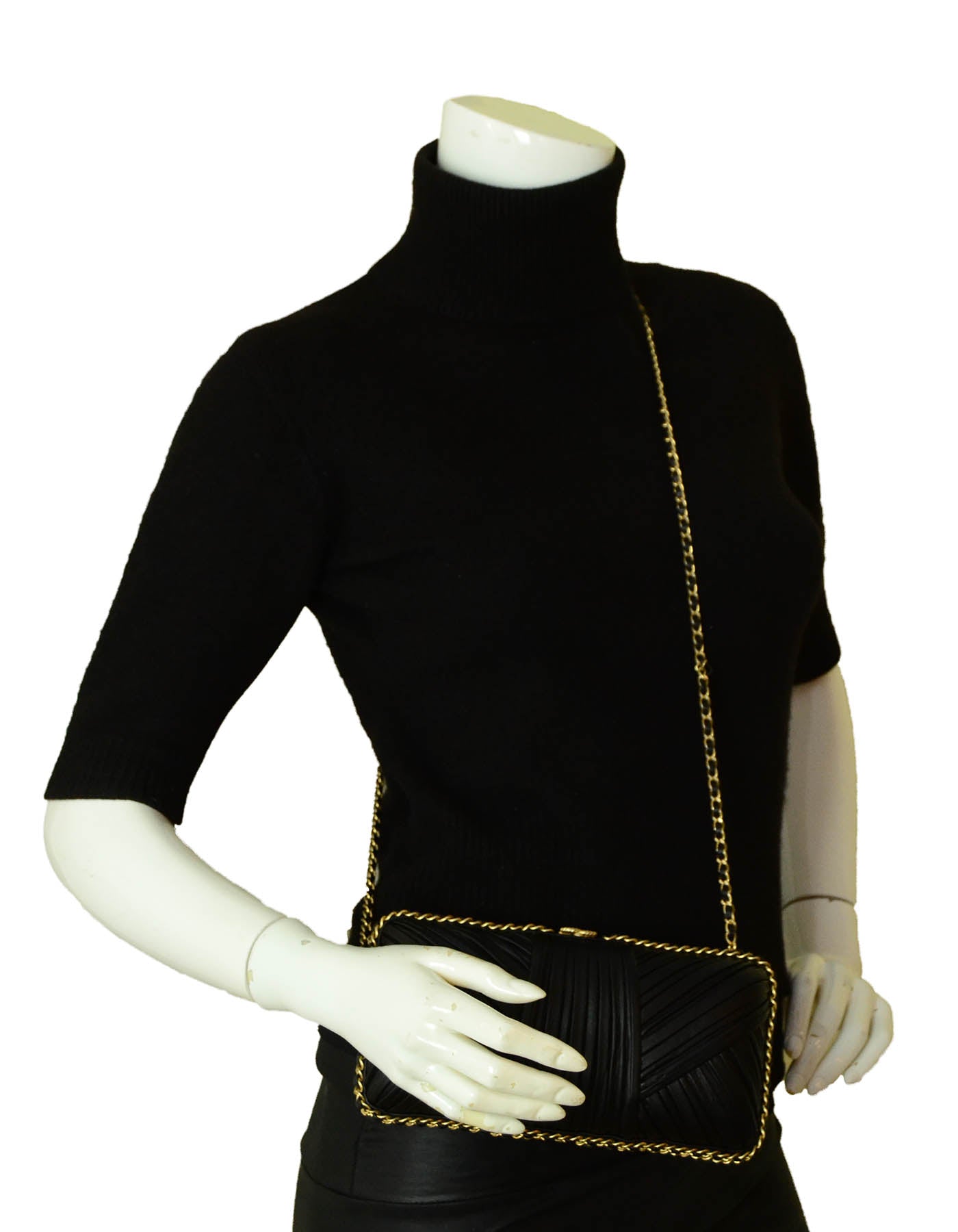 Chanel Black Pleated Chain Around Clutch Bag w/ Crossbody Strap