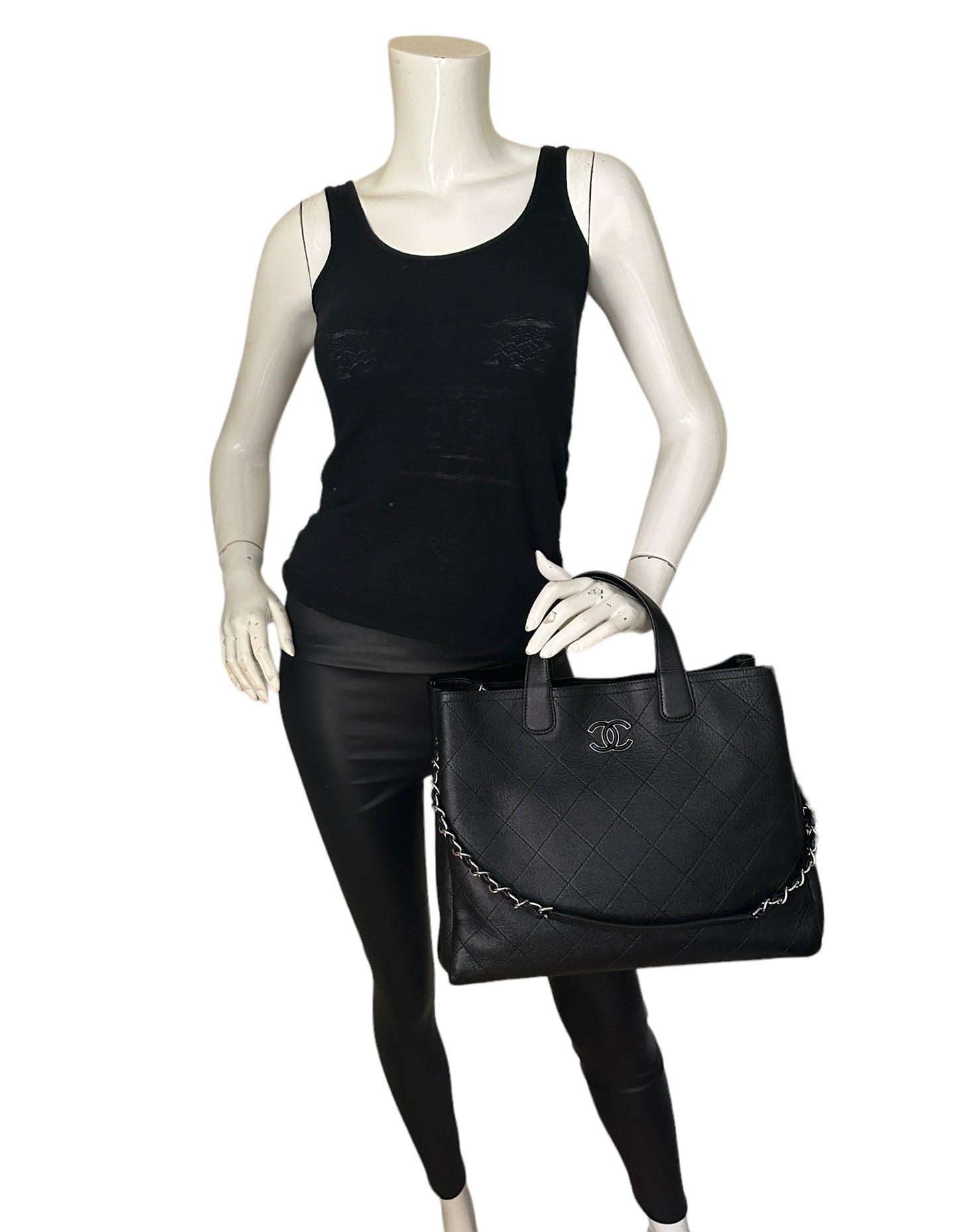 Chanel Black Caviar Leather Quilted CC Shopping Tote Bag
