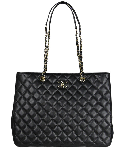 Chanel 2022 Black Caviar Leather Quilted Large Classic Shopping Tote Bag