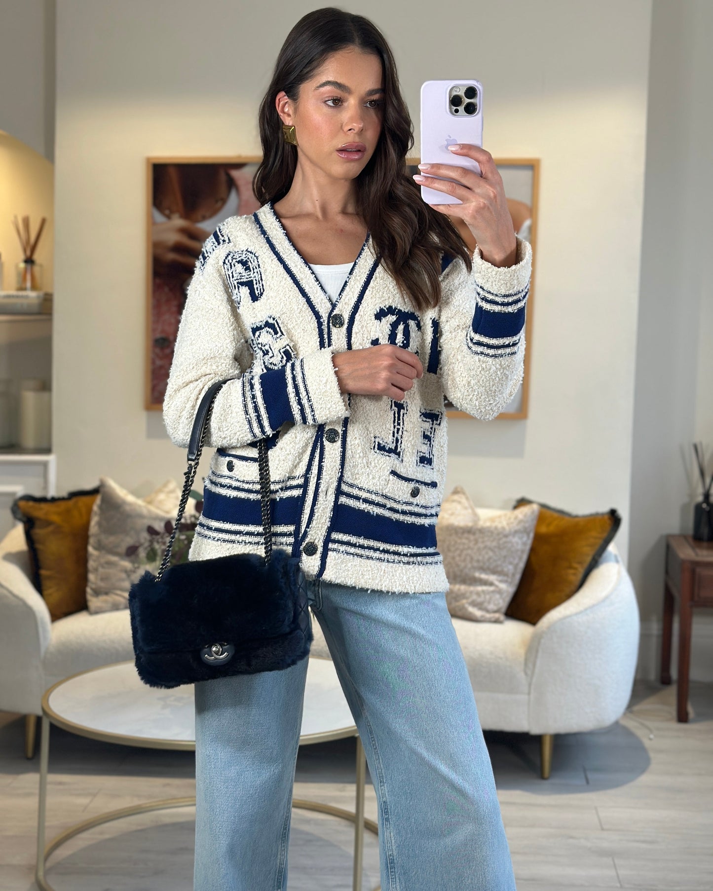Chanel Navy Rabbit Fur Single Flap Bag with Silver Hardware