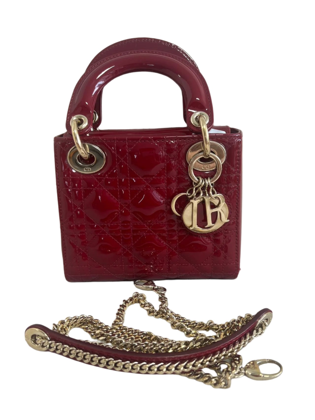 Lady Dior Mini Burgundy Red Patent Leather Gold Chain Strap 2021 Suede Interior