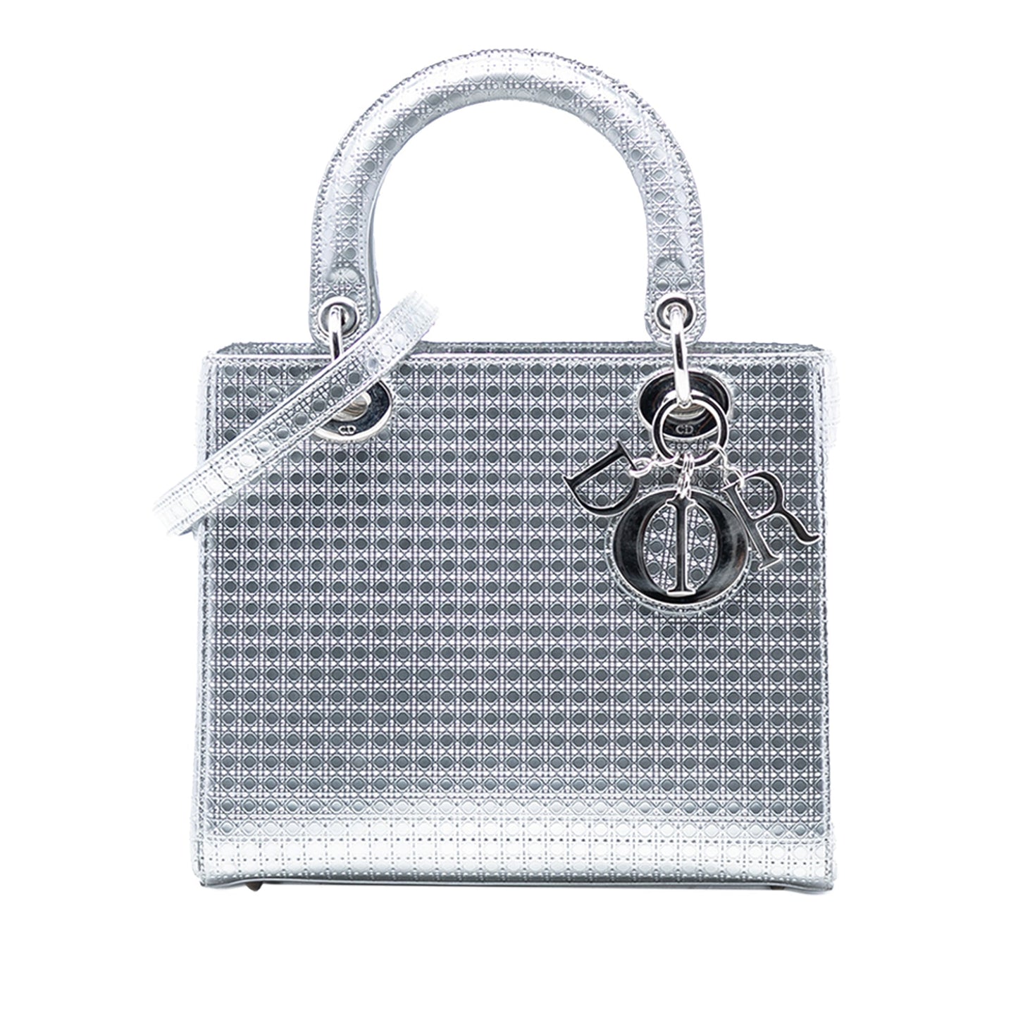 Silver Dior Medium Metallic Patent Microcannage Lady Dior Satchel