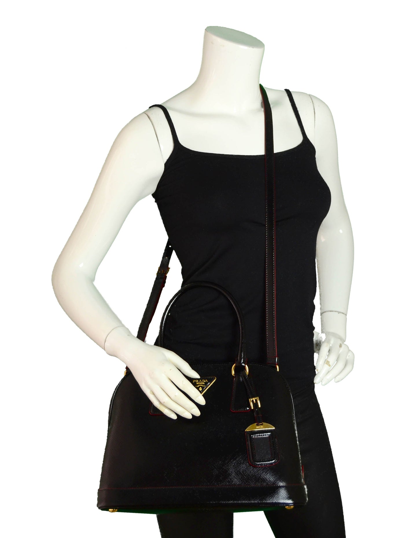 Prada Black/Red Saffiano Vernice Leather Promendade Bag 1BA567