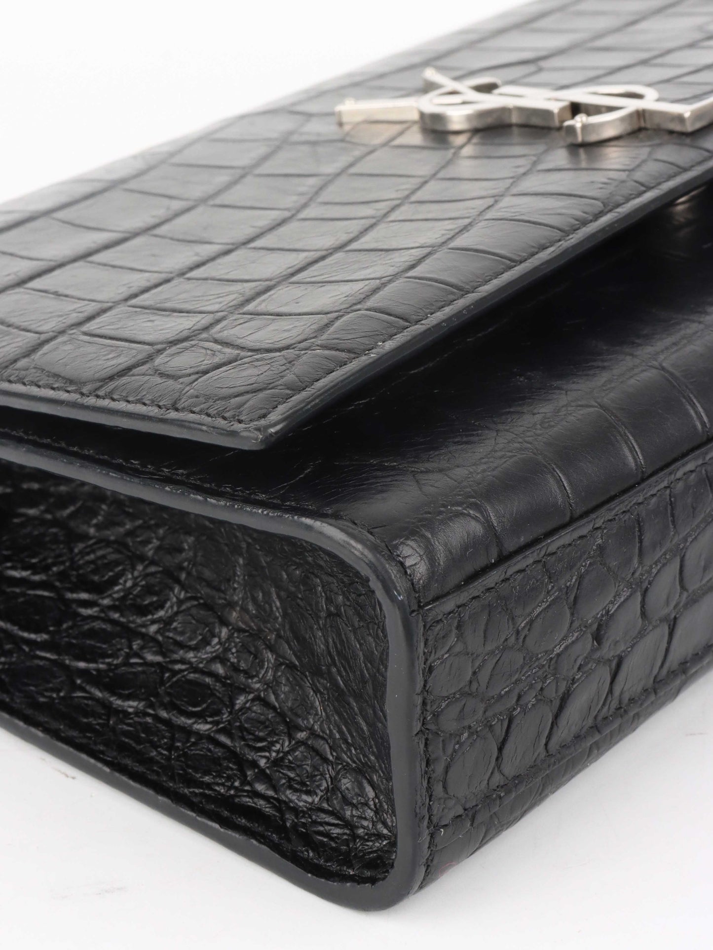 Saint Laurent Black Crocodile Embossed Chain Top Handle Kate Bag.