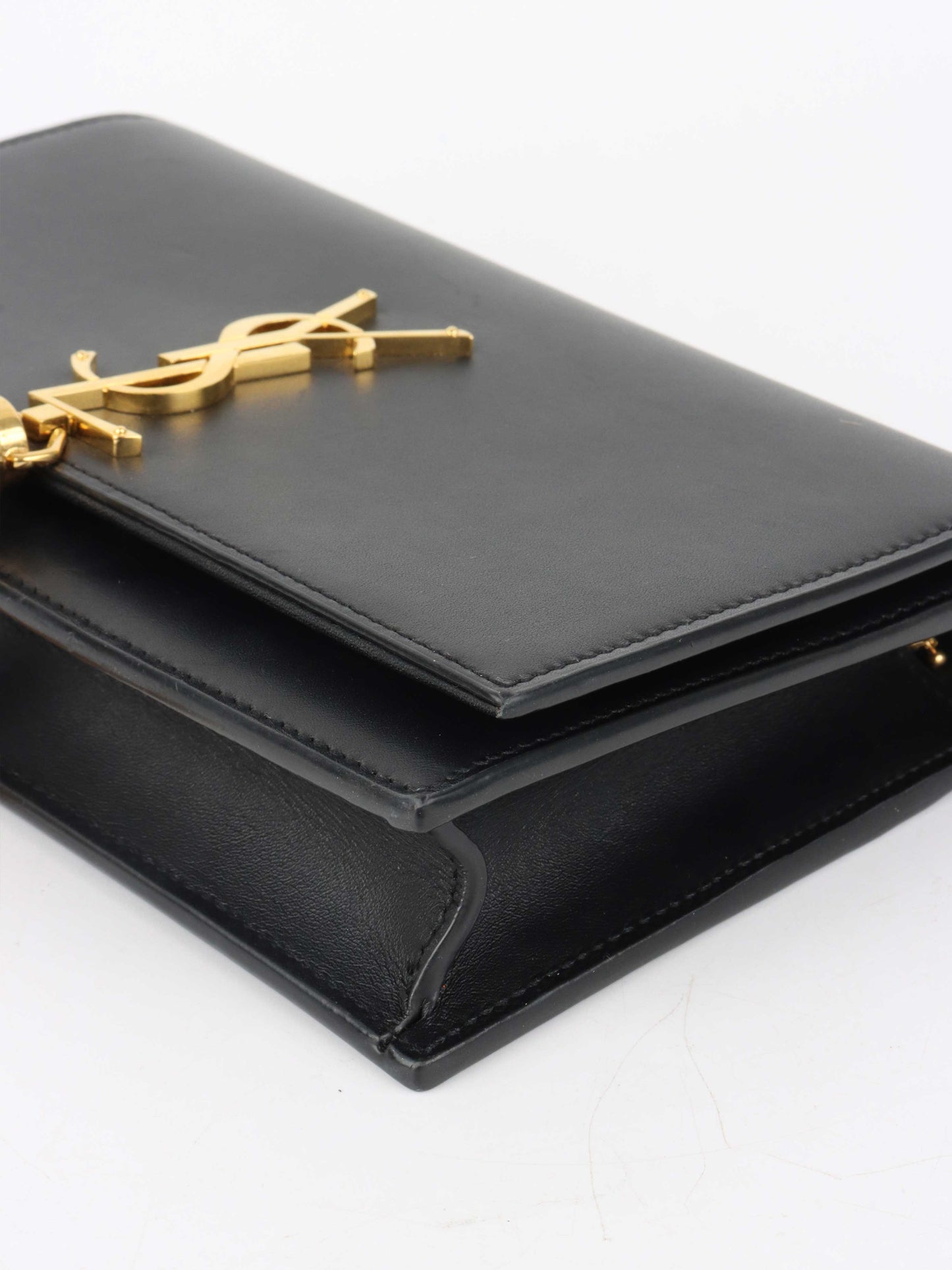Saint Laurent Small Black Kate Wallet on Chain with Gold Tassel.